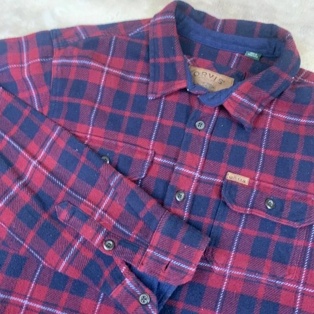 Orvis Mens XL Red Navy Blue Plaid Flannel Lined Shirt Jacket Hand Pockets 2951
